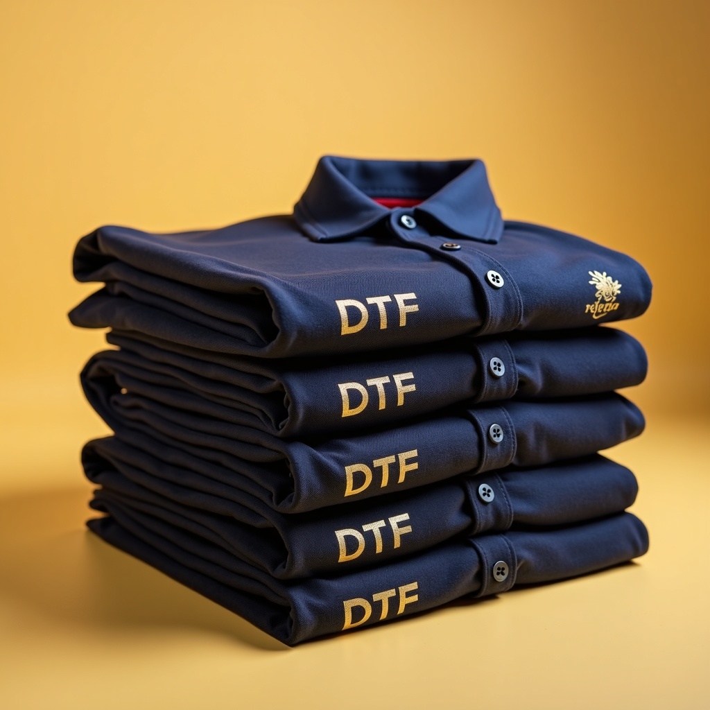 Stack of professional polos with team logo DTF prints