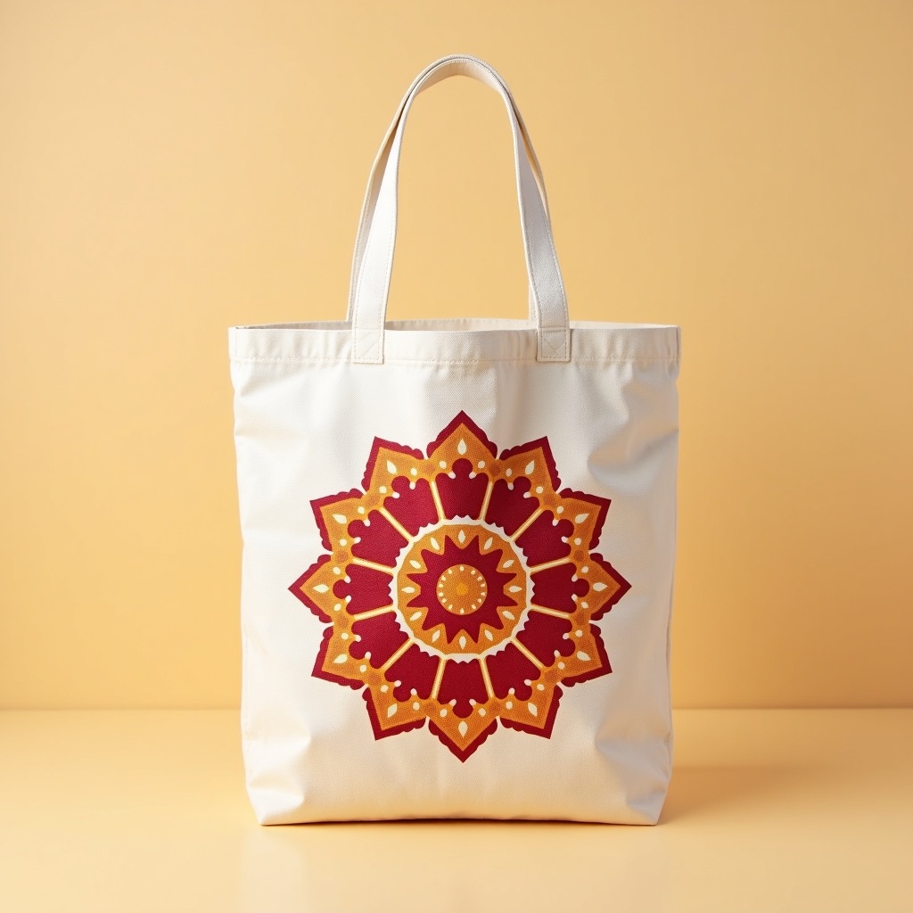 Canvas tote bag with red and gold mandala DTF print