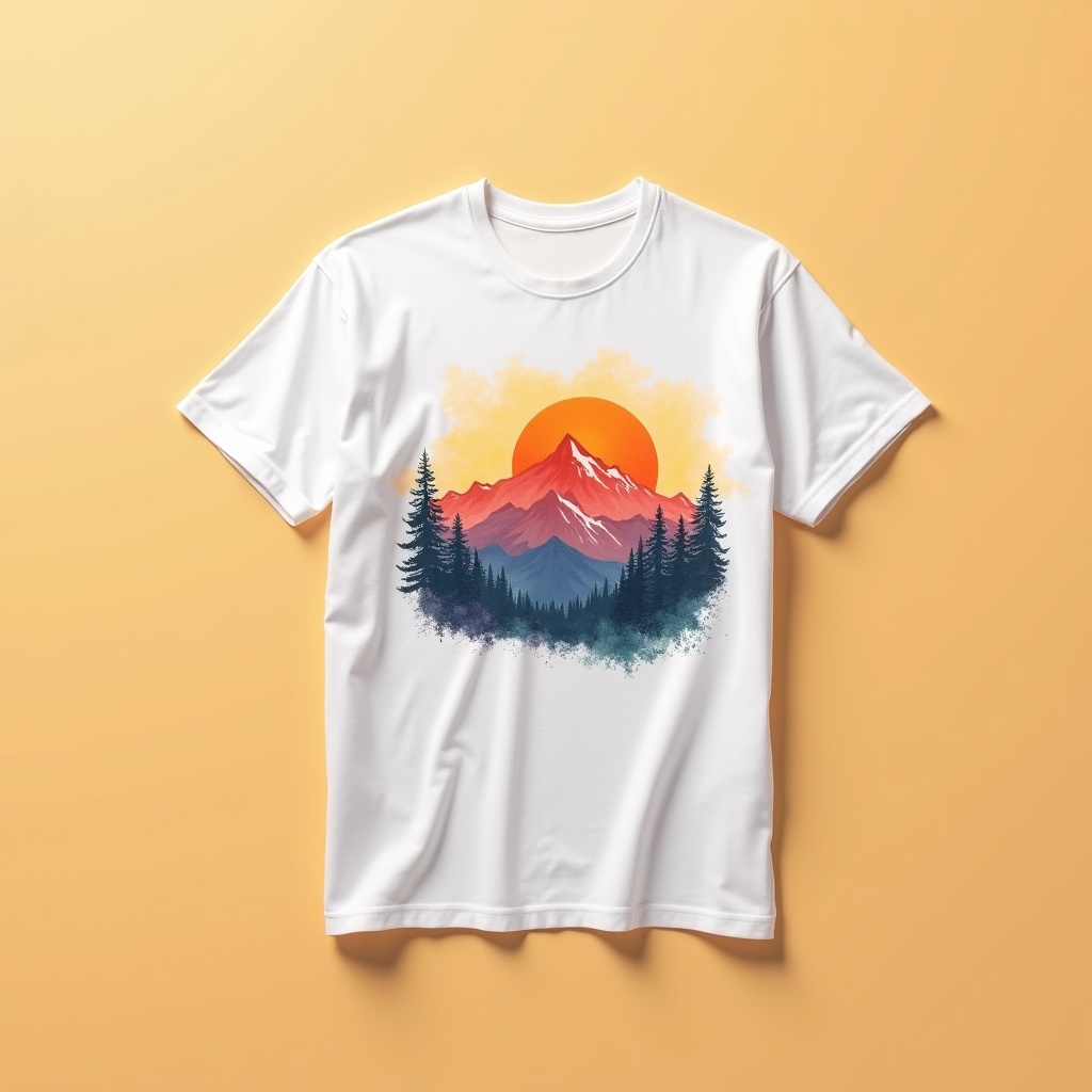 White t-shirt with mountain sunset DTF transfer print