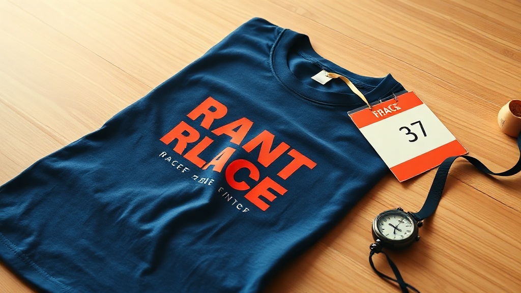 Stack of finished 5K race tees with colorful back prints ready for race-day distribution