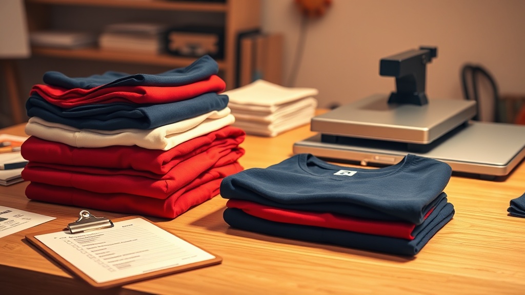 A founder reviewing a launch checklist beside branded apparel packaging and shipping boxes