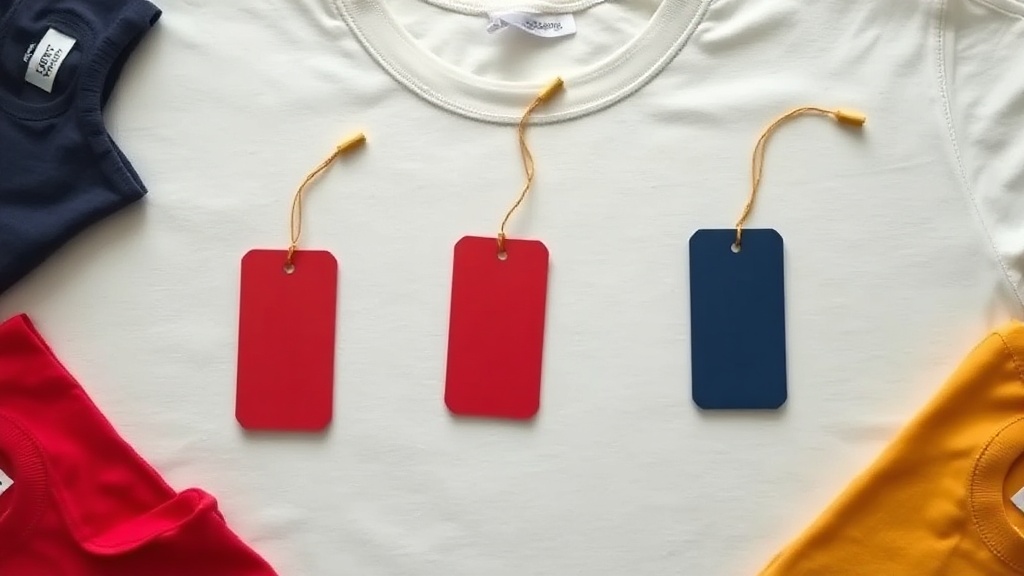 Custom DTF hang tags made from cotton twill patches attached to branded garments with tag pins
