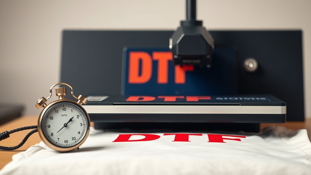 Heat press digital timer display showing dwell time settings for DTF transfer application on different fabric types