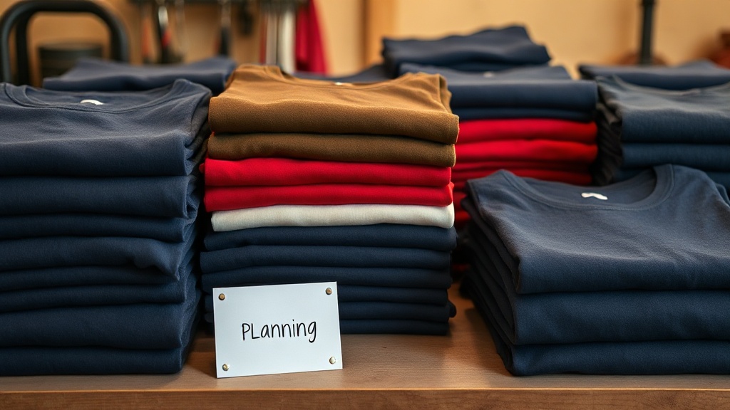 Stacked folded tee shirts beside a notebook showing a budget breakdown and a heat press in the background