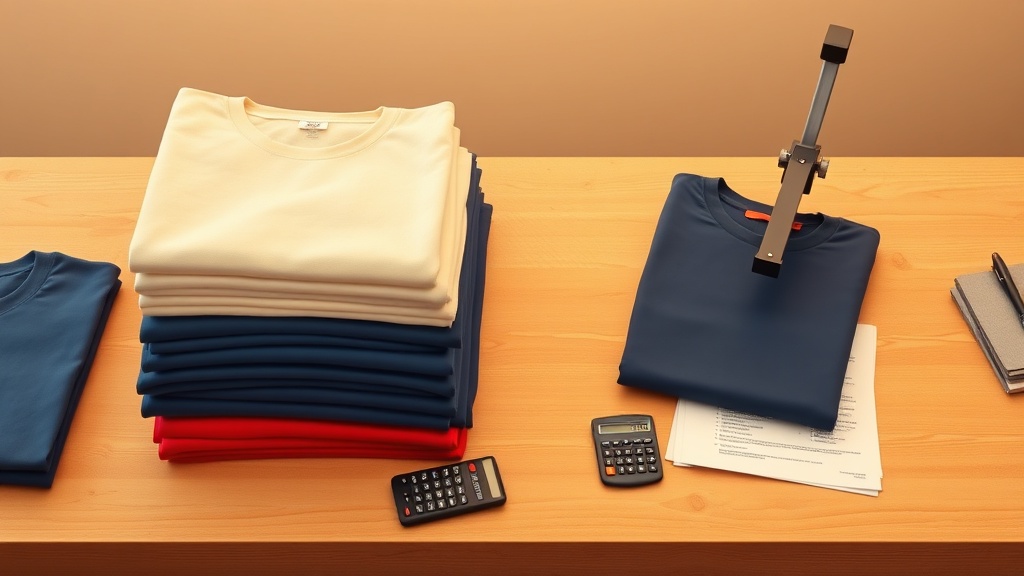 Overhead of stacked blank tees, a compact gang sheet, heat press, and calculator on a shop workbench
