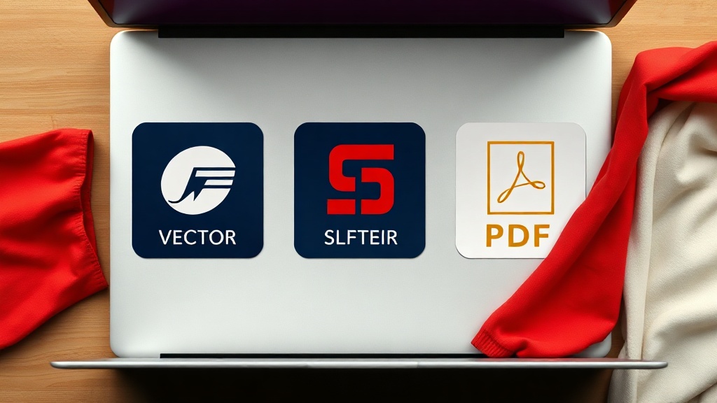 Laptop screen showing a clean vector logo file alongside a finished printed sponsor transfer