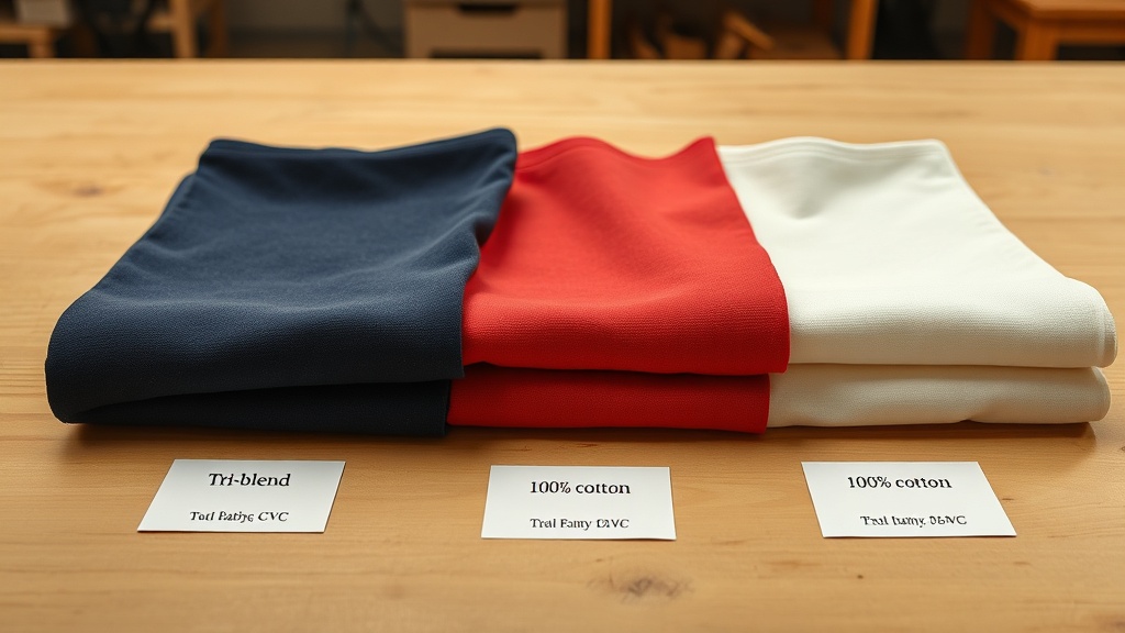 Three tees representing triblend, CVC, and cotton fabrics with DTF prints side by side