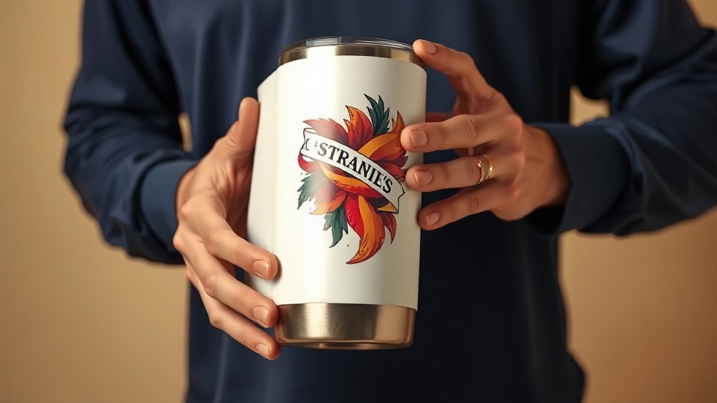 UV DTF transfer being applied to a stainless steel tumbler with a squeegee