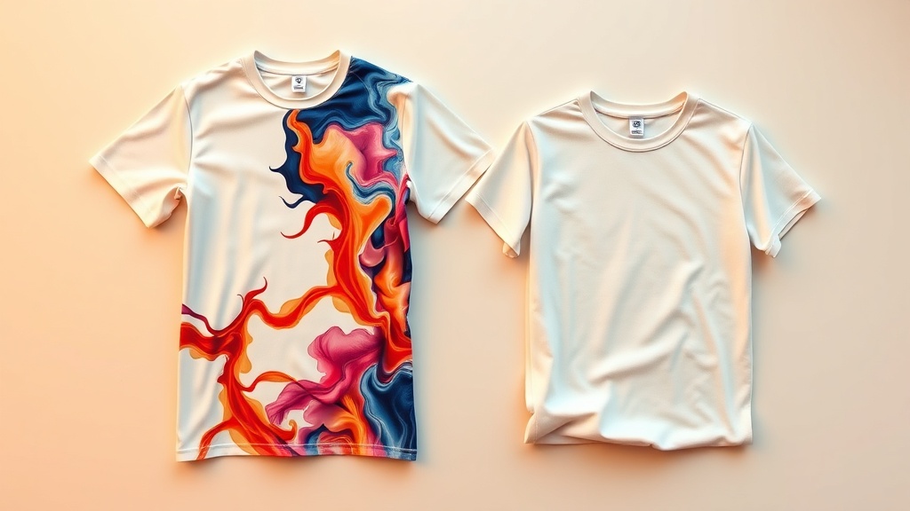 White polyester athletic jersey with full-coverage sublimation print alongside a cotton tee with DTF transfer