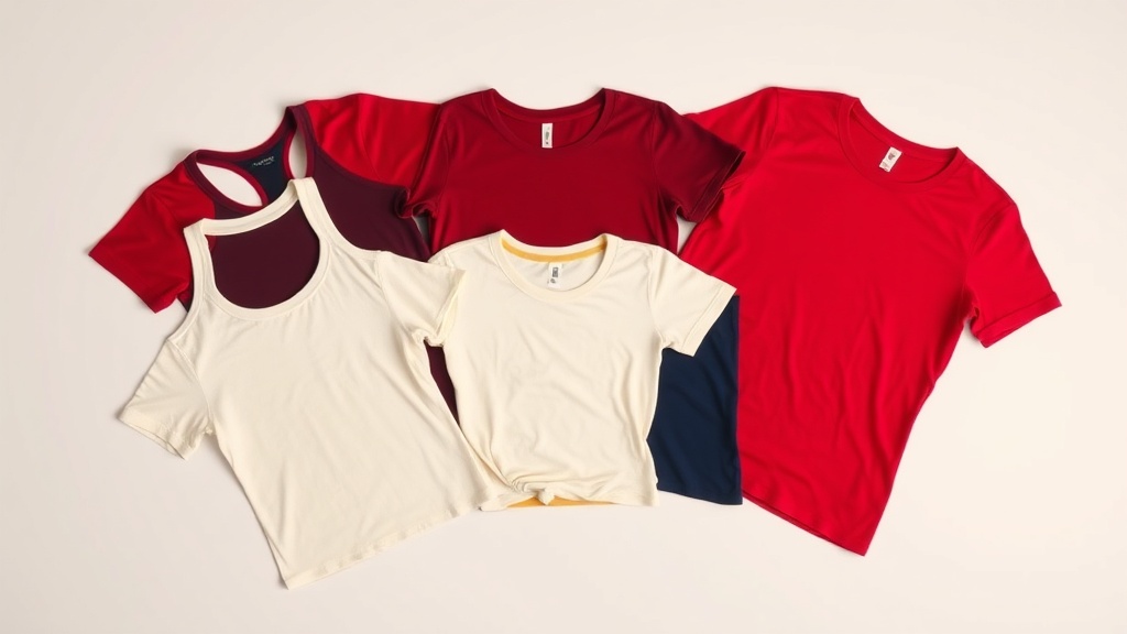 Women's fit tees in multiple colorways laid flat showing narrower shoulder and tapered waist construction