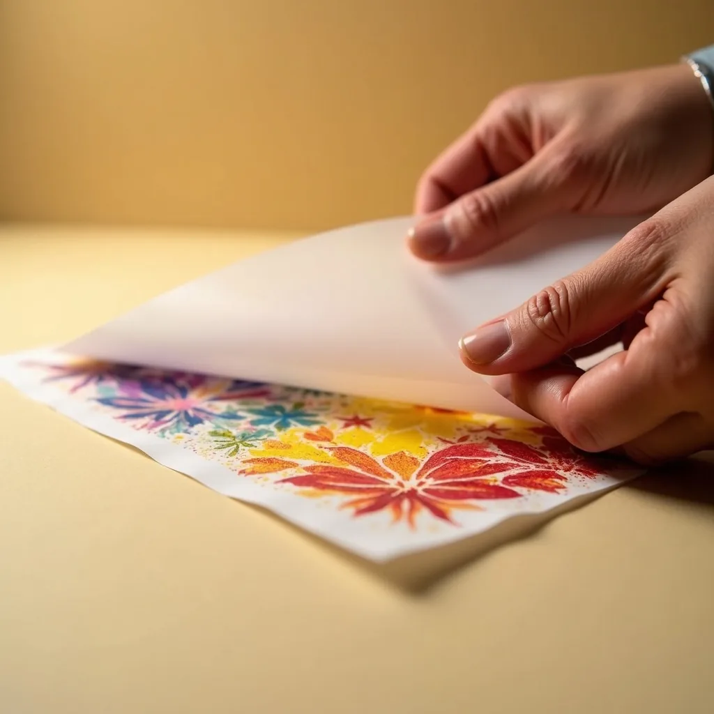 A hand peeling back the film from a vibrant multi-color custom DTF heat transfer sheet