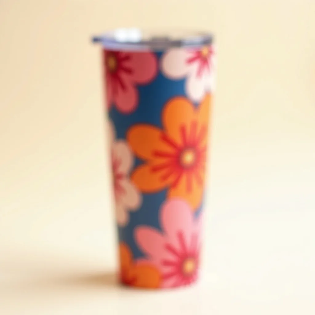 A stainless steel travel tumbler with a colorful floral UV-DTF decal wrapping around it
