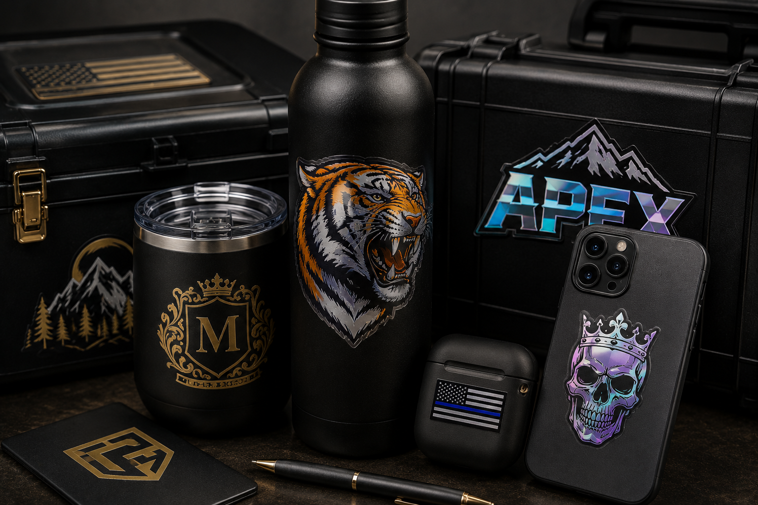 Hard-good branding collection showing UV decoration on tumblers, leather, metal, and assembled product substrates