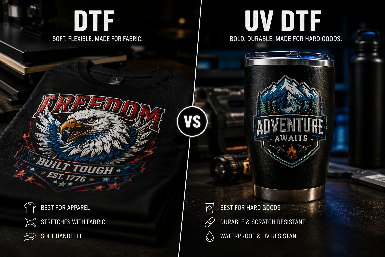Side-by-side visual comparison of standard DTF on fabric and UV DTF on hard goods