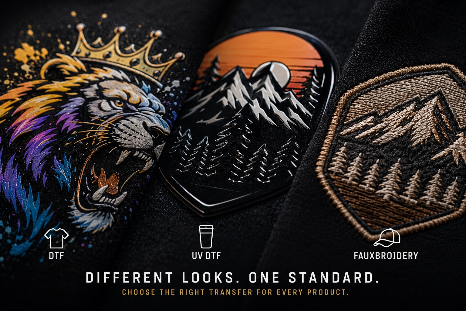 Specialty transfer techniques showcase across raised UV patches, dimensional graphics, leatherette, and luxury branding